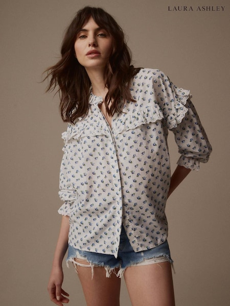 Ecru/Marineblau - Laura Ashley Broderie Trim Blouse (N46124) | 25 €