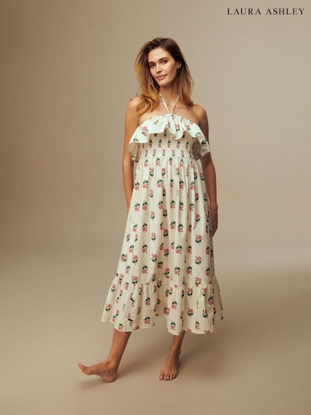 Laura Ashley White/Pink Ecru Poplin Halterneck Frill Smock Dress (N46165) | €38