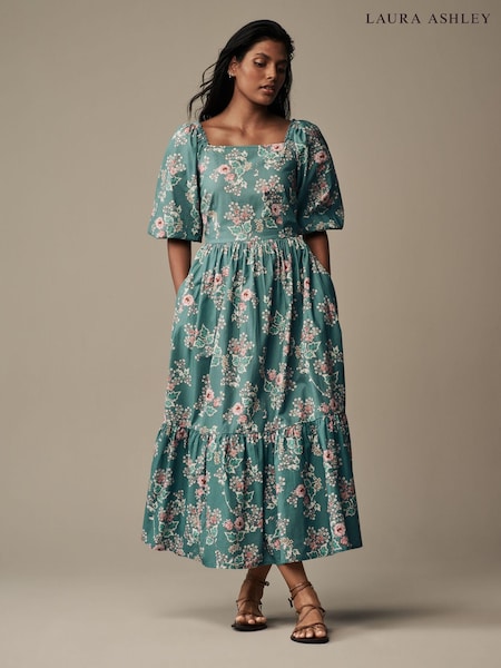 Laura Ashley Green Tuttington Floral Square Neck Border Dress (N46184) | €47