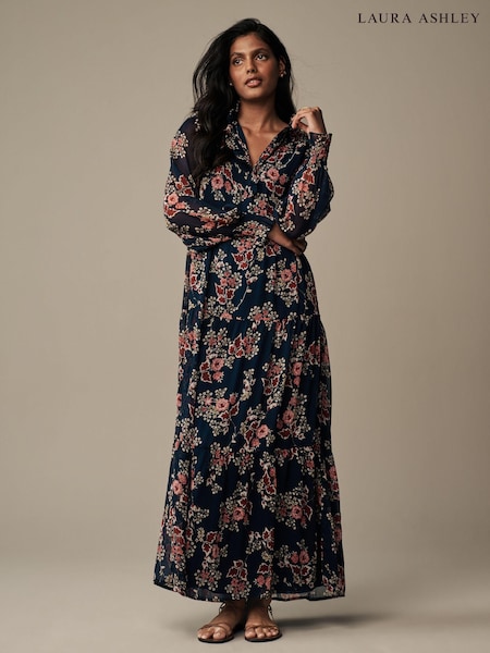 Laura Ashley Navy Tuttington Floral Chiffon Ruffle Shirt Maxi Dress (N46185) | AED198