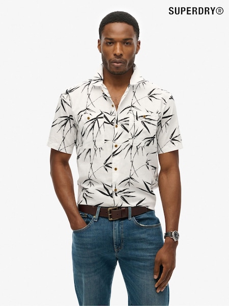 Superdry White/Black Short Sleeved Cotton/Linen Blend Beach Shirt (N46438) | 89 QAR
