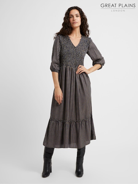 Great Plains Blue Soft Check V-Neck Smocked Dress (N46466) | €57