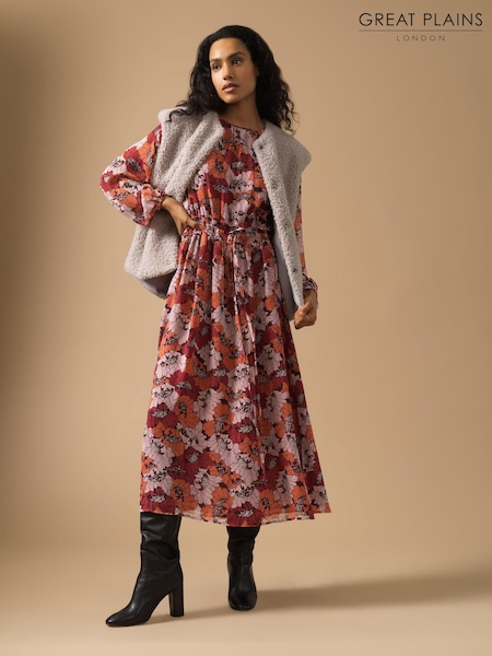 Great Plains Red Retro Poppy Long Sleeve Midi Dress (N46470) | €35