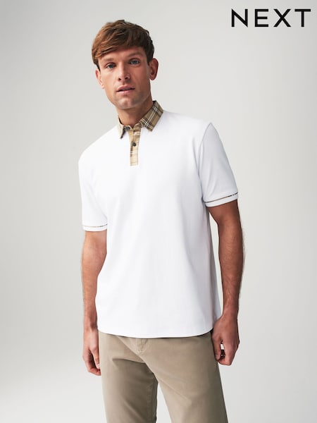White Check 100% Cotton Short Sleeve Smart Collar Polo Shirt (N46547) | 69 QAR