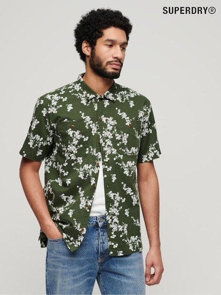 Verde - Superdry Mânecă scurtă Cotton/Lenjerie de pat Blend Beach Cămăși (N46779) | 180 LEI