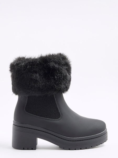 River Island Black Girls Faux Fur Cuff Heel Boots (N47148) | €21.50