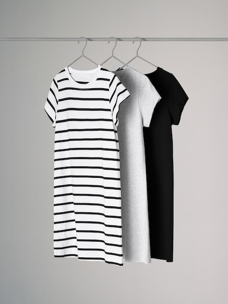 The Set Black/Grey/White Stripe 3 Pack 100% Cotton Short Sleeve T-Shirt Dresses (N47324) | €38