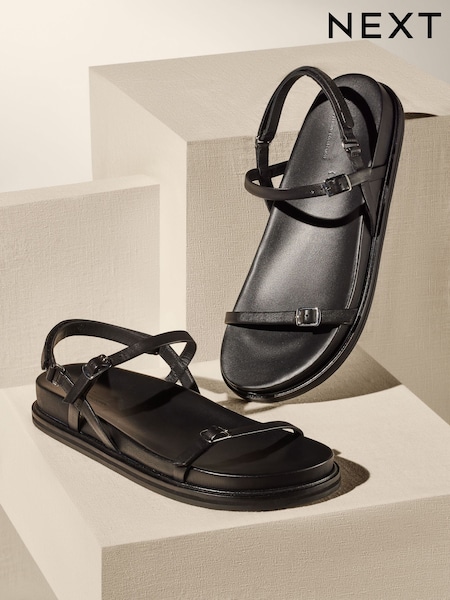 Black Premium Leather Thin Strap Footbed Sandals (N47391) | €22