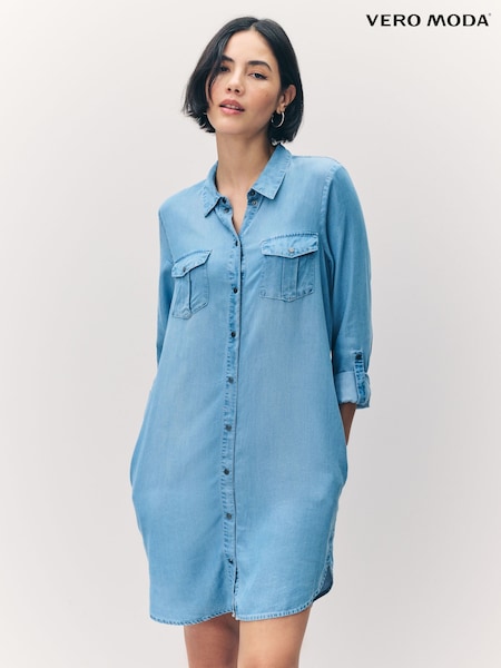 כחול  - Vero Moda Lightweight Denim Shirt Dress (N47875) | ‏226‏₪