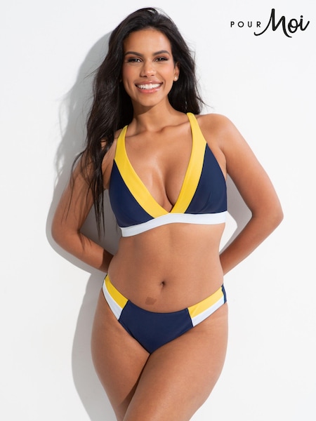 Bleumarin albastru - Sutien de plajă cu blocuri de culoare și model palmieri Pour Moi (N48070) | 125 LEI