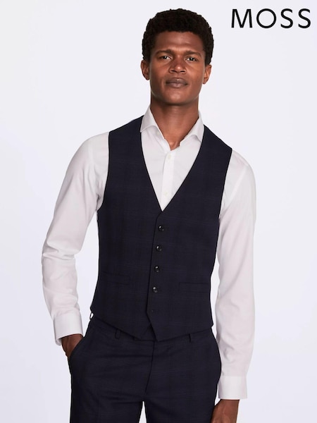 MOSS Navy Blue Slim Fit Check Waistcoat (N48183) | €119
