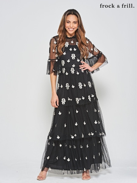 Frock and Frill Embroidered Maxi Black Dress (N48222) | €149