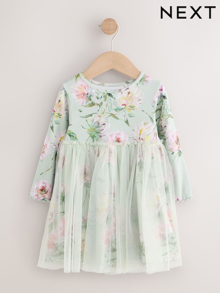 Green - Long Sleeve Ribbed Mesh Dress (3mths-7yrs)