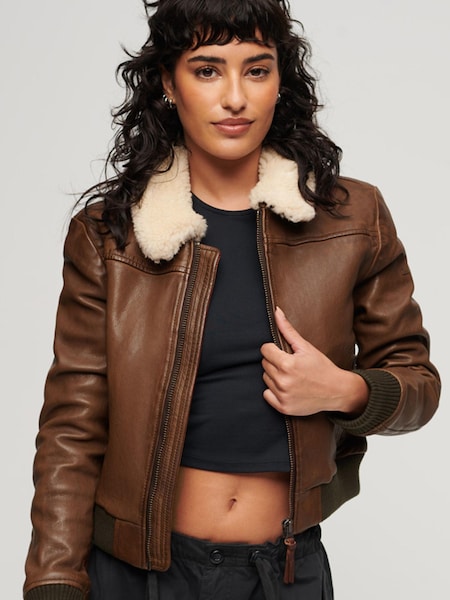 Superdry Brown Leather Borg Collar Jacket (N48946) | €108