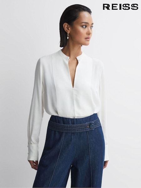 Reiss Cream Emmy Ribbon Front Grandad Collar Blouse (N49016) | 1,014 QAR