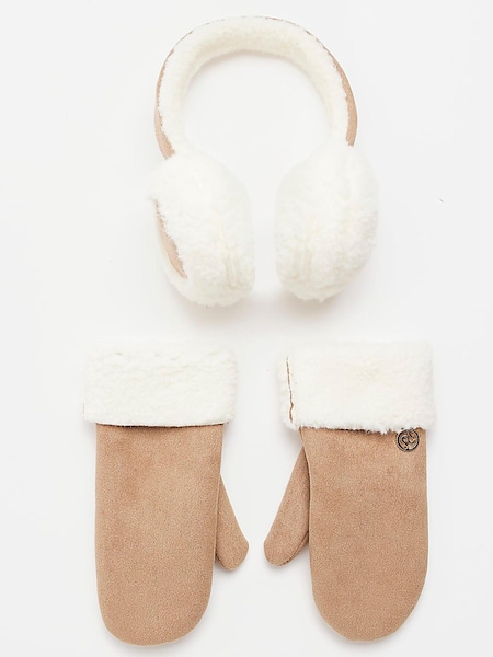 River Island Brown Girls Suedette Ear Muff and Mitten Set (N49213) | €11