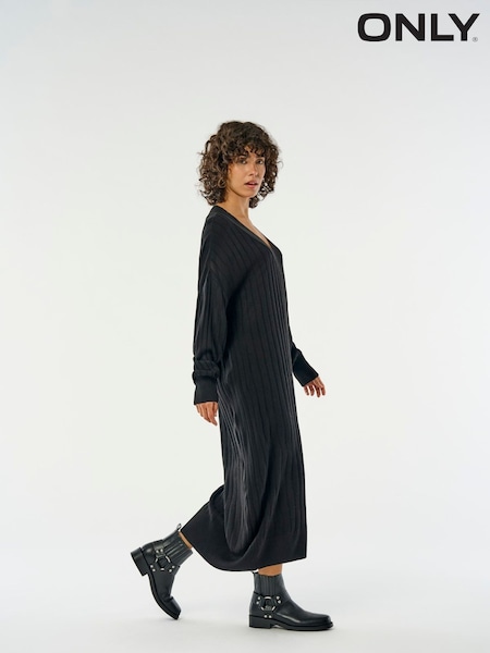 ONLY Black V-Neck Midi Knitted Jumper Dress (N49338) | $55