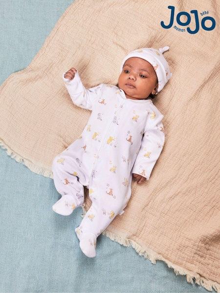 JoJo Maman Bébé Cream Winnie The Pooh Print Sleepsuit & Hat Set (N49408) | AED163