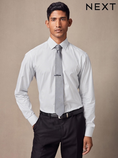 White/Light Blue Geometric Slim Fit Single Cuff Printed Cotton Shirt (N49529) | €21