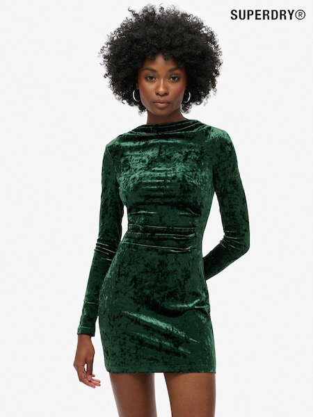 Superdry Green Velvet Long Sleeve Mini Dress (N49643) | SGD 116