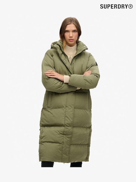 Superdry Olive Green Hooded Longline Puffer Coat (N49646) | ₪729