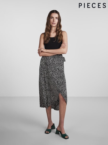 PIECES Black Printed Midi Wrap Skirt (N49678) | €8