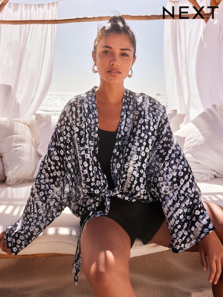 Navy Blue/Pewter Tie Front Kimono Cover-Up (N50214) | €21