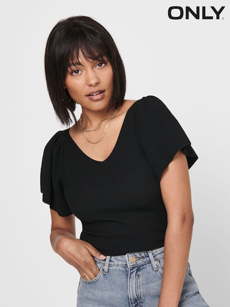 Negru - Only top cu mâneci cu volane 100% bumbac (N50431) | 78 LEI