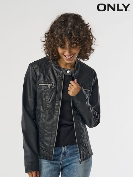 ONLY Black 100% Cotton Collarless PU Biker Jacket (N50485) | €50