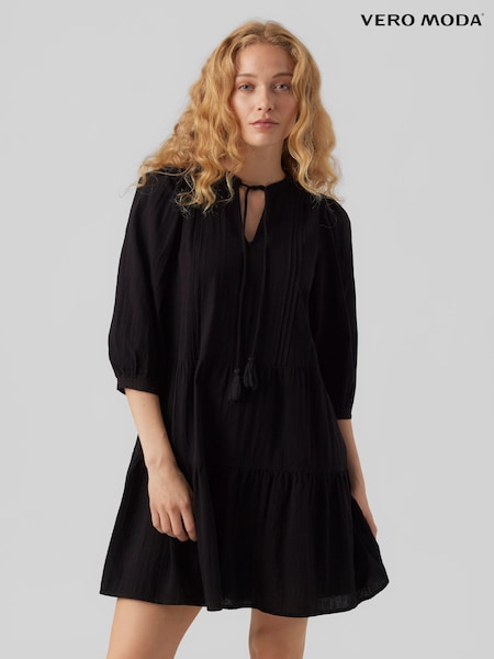 Negru - Rochie de vară VERO MODA din bumbac cu detalii brodate (N50566) | 133 LEI