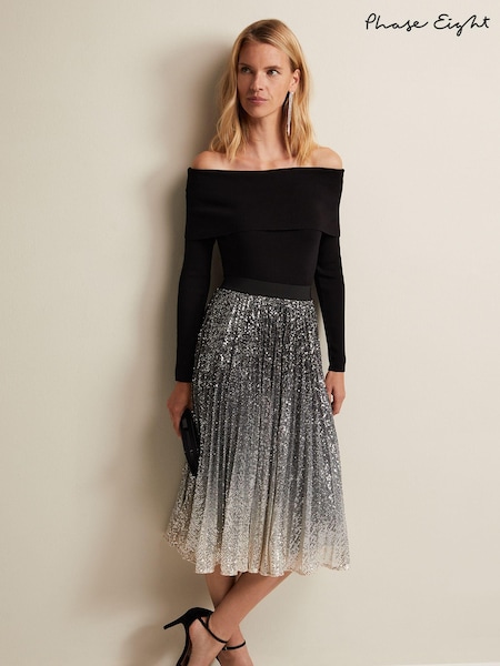 Phase Eight Celeste Sequin Ombre Pleated Black Midi Skirt (N51138) | €79