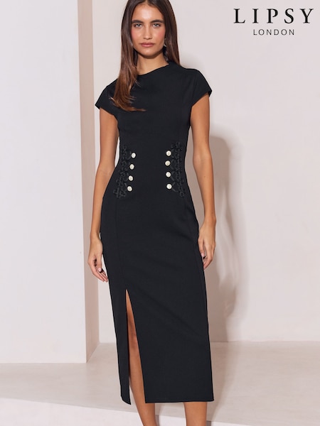Black - Lipsy Frogging Waist Detail Military Midi Dress