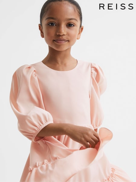 Reiss Pink Toby 13-14 yrs Puff Sleeve Ruffle Mini Dress (N51679) | €109