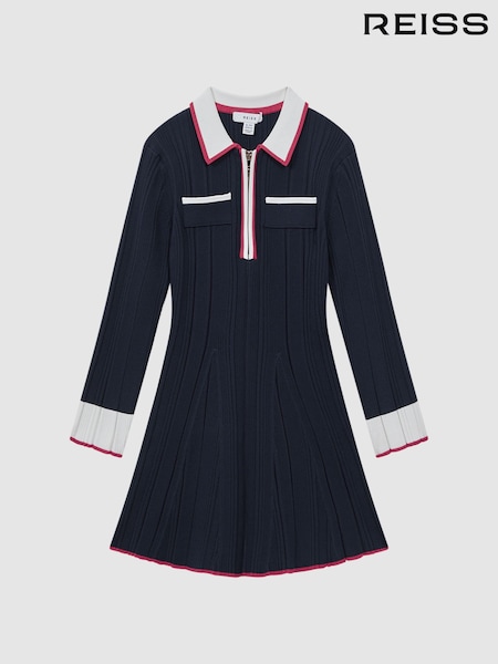 Navy - Reiss Annie Ribbed Colourblock Mini Dress
