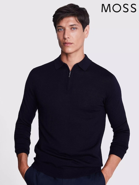 MOSS Blue Merino Blend Quarter Zip Polo Shirt (N51710) | €77
