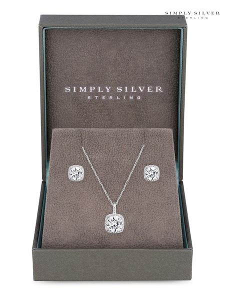 Simply Silver Sterling Silver 925 Halo Square Solitaire Matchande Smycken Set - Gift Boxed (N51851) | kr630