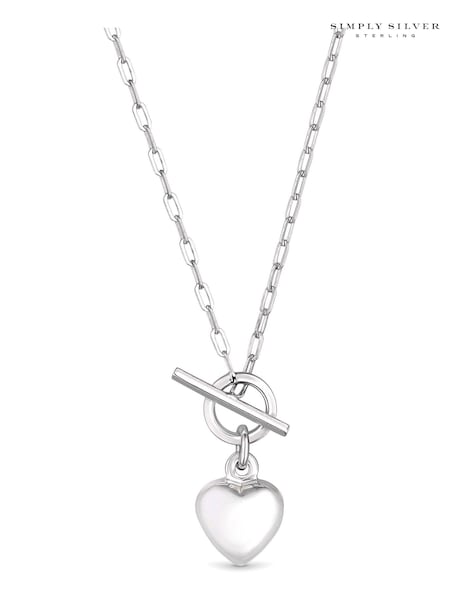 Simply Silver Sterling Silver Tone 925 Puff Heart T Bar Necklace (N51876) | €51