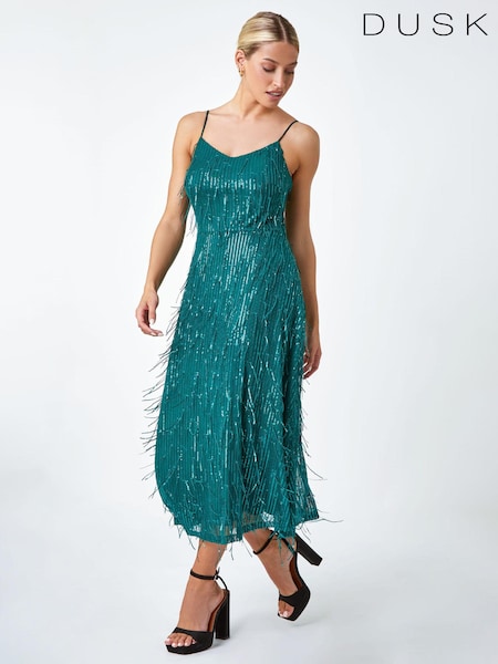 Dusk Green Sequin Sparkle Tassel Midi Dress (N51937) | €51
