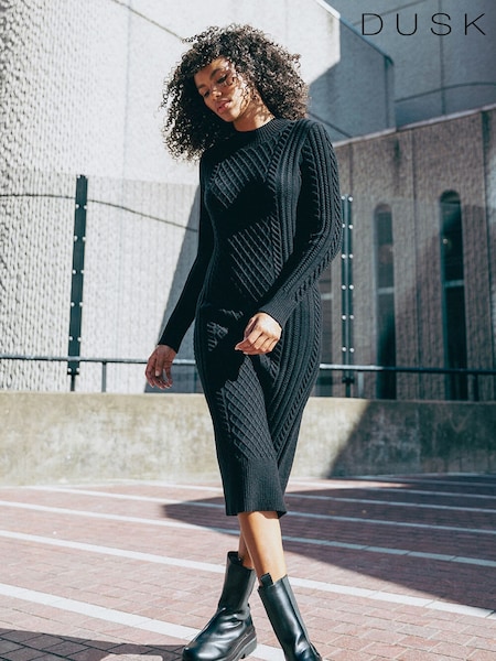 Dusk Black Cable Knit Stretch Midi Jumper Dress (N51944) | €30