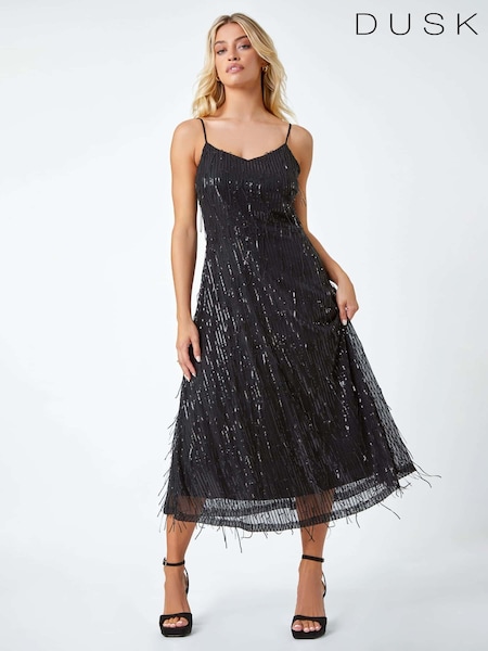 Dusk Black Sequin Sparkle Tassel Midi Dress (N51961) | €51