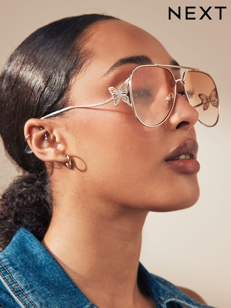Rose Gold Tone Butterfly Detail Aviator Sunglasses (N52026) | €8.50