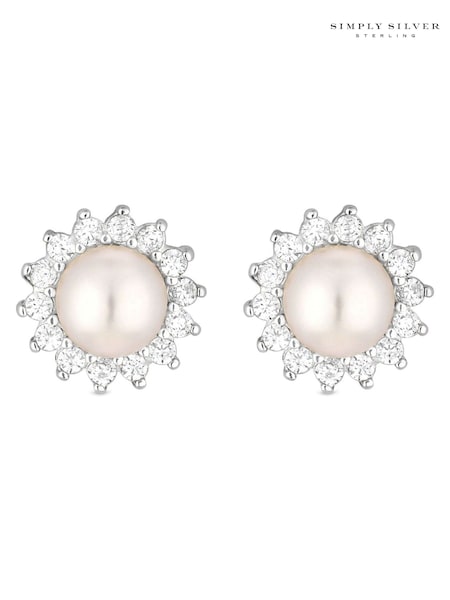 Simply Silver Sterling Silver Tone 925 Freshwater Pearl And Cubic Zirconia Halo Stud Earrings (N52736) | 99 QAR
