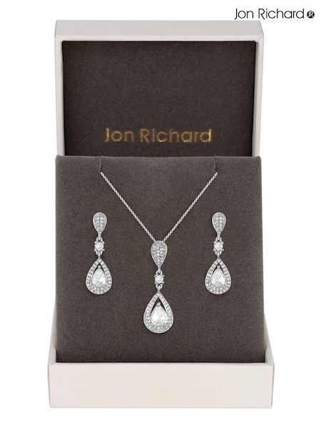 Jon Richard Silver Tone Clear Crystal Pave 3 Tier Pear Drop Necklace & Earring Matching Set (N52910) | €32