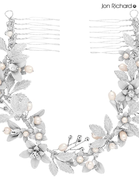 Jon Richard Plated Clara Brushed Leaves Fresh Water Pearl And Crystal Double Comb (N53214) | €93