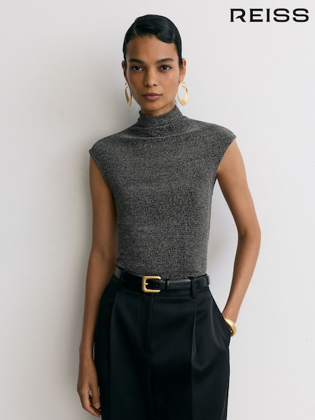 Gunmetal Silver - Reiss Seranne Metallic Funnel-neck Top