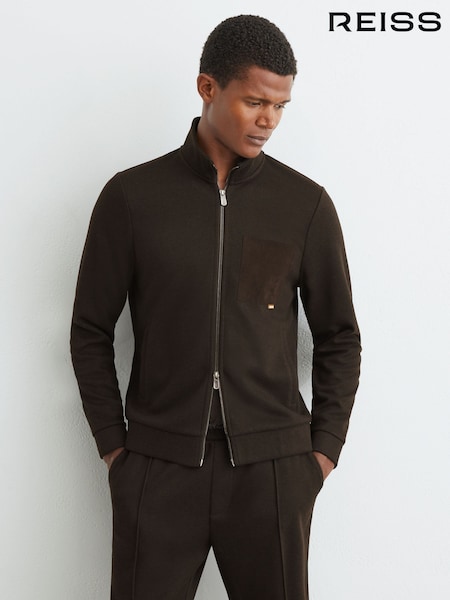 Dark Brown - Regular Reiss Gray Herringbone Patch-pocket Zip-through Jacket