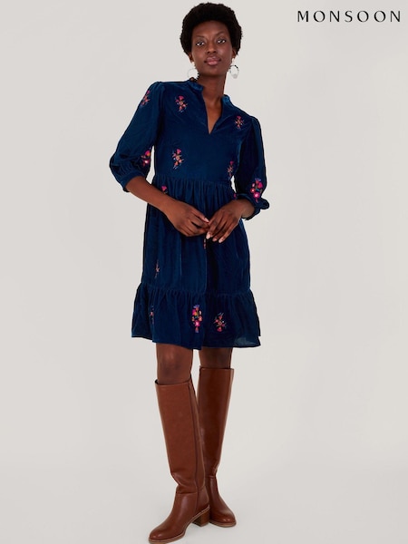 Monsoon Blue Faith Embroidered Velvet Dress (N53494) | €36