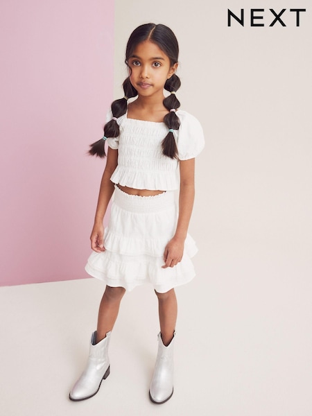 White 100% Cotton Ruffle Co-ord Set (3-16yrs) (N53603) | AED44 - AED56