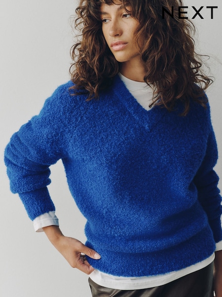 Cobalt Blue - Boucle Long Sleeve V-neck Knit Jumper With Wool