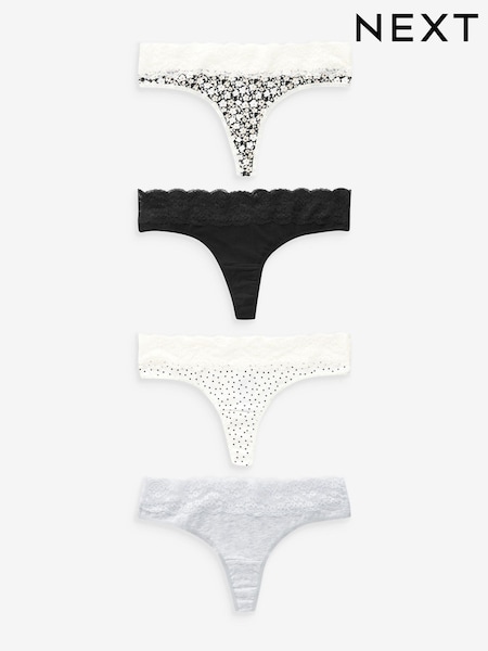 Black/Cream Print/Grey Thong Cotton and Lace Knickers 4 Pack (N53768) | €10